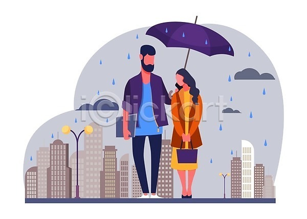 남자 두명 성인 성인만 여자 EPS 일러스트 해외이미지 가로등 데이트 도시 들기 라이프스타일 비(날씨) 빌딩 서기 우산 전신 커플