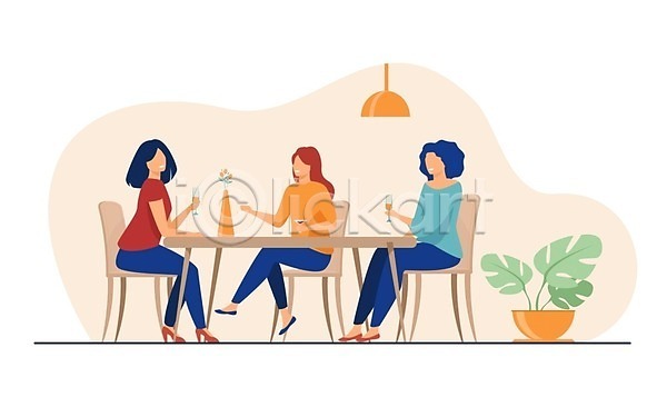 우정 성인 성인여자만 세명 여자 EPS 일러스트 해외이미지 대화 들기 라이프스타일 앉기 의자 전신 카페 탁자 화분