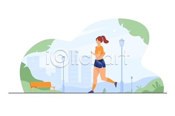 성인 성인여자한명만 여자 한명 EPS 일러스트 해외이미지 건강관리 공원 달리기 라이프스타일 벤치 운동 운동복 전신 조깅
