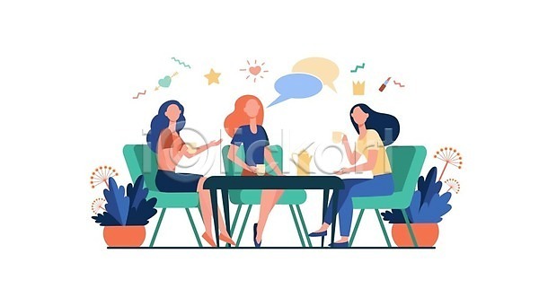 우정 즐거움 성인 성인여자만 세명 여자 EPS 일러스트 해외이미지 대화 라이프스타일 앉기 의자 전신 카페 탁자 화분