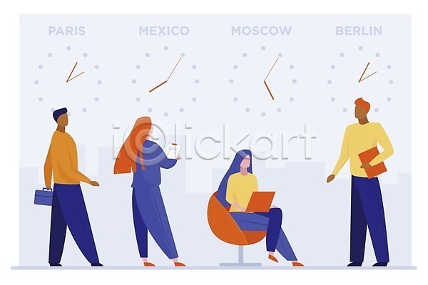 남자 성인 성인만 여러명 여자 EPS 일러스트 해외이미지 멕시코 모스크바 베를린 서기 세계시간 시간 시계 앉기 의자 전신 파리(프랑스) 표준