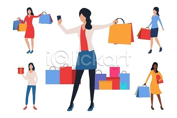 성인 성인여자만 여러명 여자 EPS 일러스트 해외이미지 들기 선물상자 쇼핑 쇼핑백 스마트폰 우먼라이프 전신