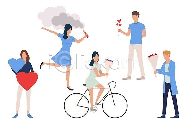남자 성인 성인만 여러명 여자 EPS 일러스트 해외이미지 걷기 꽃다발 데이트 들기 서기 자전거 전신 커플라이프 프로포즈 하트