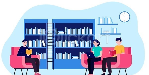 남자 성인 세명 여자 EPS 일러스트 해외이미지 도서관 독서 서점 앉기 책 책장 학생