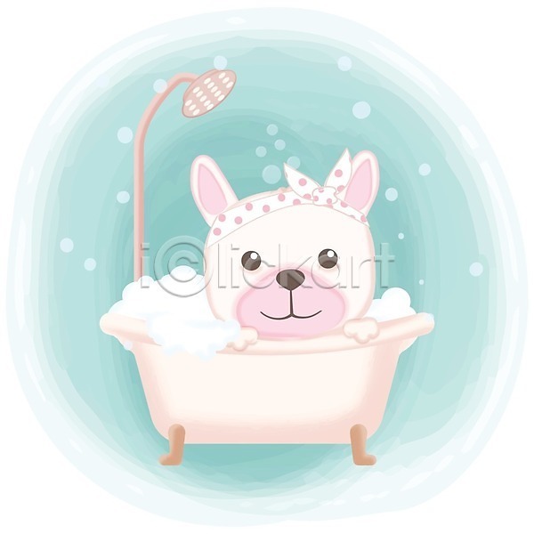 귀여움 사람없음 EPS 일러스트 해외이미지 강아지 거품 동물캐릭터 목욕 애니멀아트 욕조 파스텔톤 한마리