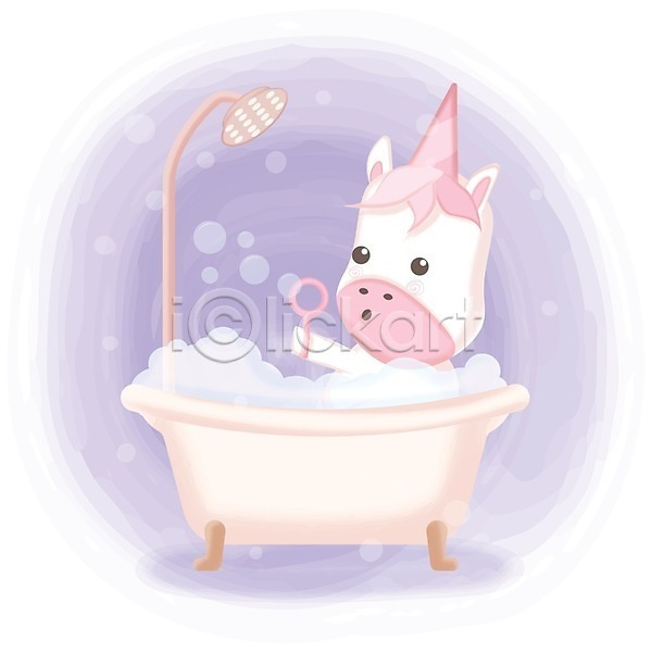 귀여움 사람없음 EPS 일러스트 해외이미지 거품 동물캐릭터 목욕 애니멀아트 욕조 유니콘 파스텔톤 한마리