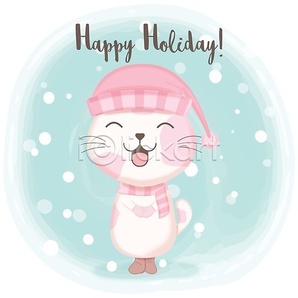 귀여움 사람없음 EPS 일러스트 해외이미지 고양이 눈(날씨) 동물캐릭터 미소(표정) 애니멀아트 파스텔톤 한마리 홀리데이