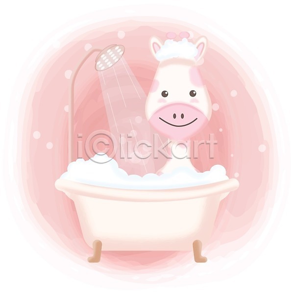 귀여움 사람없음 EPS 일러스트 해외이미지 거품 기린 동물캐릭터 목욕 미소(표정) 샤워기 애니멀아트 욕조 파스텔톤 한마리
