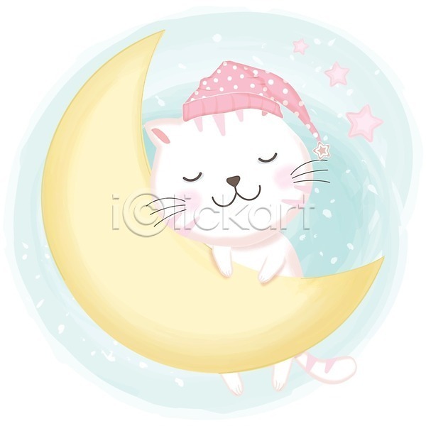 귀여움 사람없음 EPS 일러스트 해외이미지 고양이 동물캐릭터 별 애니멀아트 잠 잠옷 초승달 파스텔톤 한마리