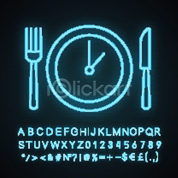 사람없음 EPS 해외이미지 나이프 네온 시계 식사 포크 형광