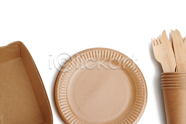 사람없음 JPG 포토 해외이미지 나무칼 나무포크 실내 일회용 재활용 접시 종이접시 종이컵 친환경 흰배경