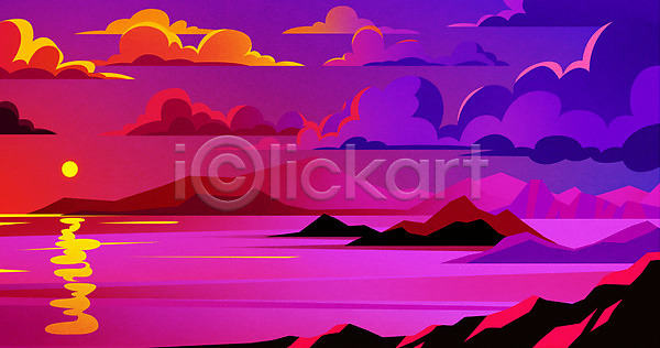 사람없음 PSD 일러스트 구름(자연) 노을 바다 바위 백그라운드 보라색 섬 태양