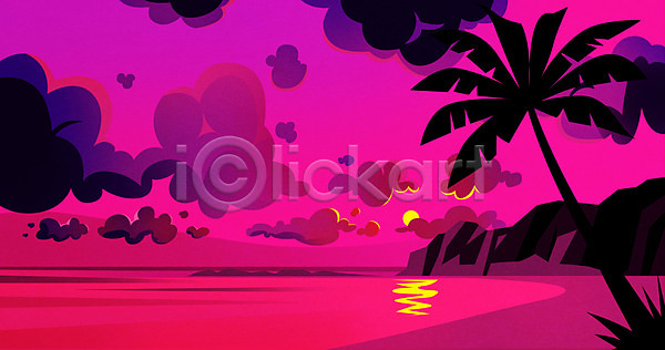 사람없음 PSD 실루엣 일러스트 구름(자연) 노을 바다 백그라운드 분홍색 섬 야자수 태양
