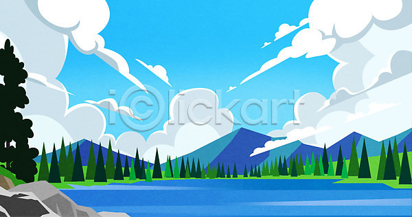 사람없음 PSD 일러스트 구름(자연) 나무 맑음 바위 백그라운드 산 여름(계절) 하늘 호수