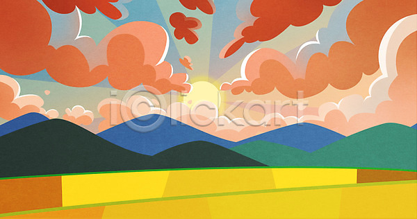 사람없음 PSD 일러스트 가을(계절) 가을배경 구름(자연) 노을 논밭 밭 백그라운드 산 주황색 태양