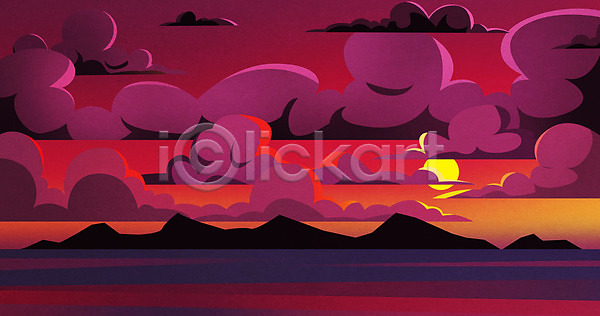 사람없음 PSD 일러스트 가을(계절) 가을배경 구름(자연) 노을 밤바다 백그라운드 빨간색 산 저녁 태양 하늘
