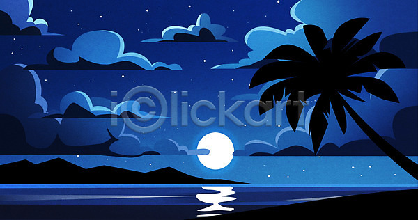 사람없음 PSD 실루엣 일러스트 구름(자연) 달 밤바다 백그라운드 별 섬 야간 야자수 여름(계절) 파란색