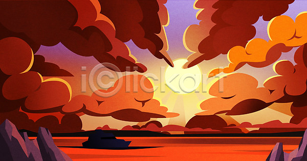 사람없음 PSD 일러스트 구름(자연) 노을 바다 바위 배(교통) 백그라운드 섬 주황색 태양 하늘