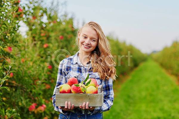백인 성인 성인여자한명만 한명 JPG 아웃포커스 앞모습 포토 해외이미지 과수원 나무상자 농부 들기 미소(표정) 사과 사과농장 상반신 야외 주간