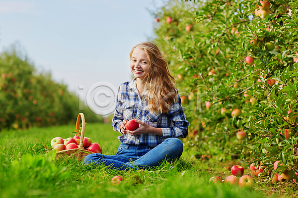 백인 성인 성인여자한명만 한명 JPG 아웃포커스 앞모습 포토 해외이미지 과수원 농부 들기 미소(표정) 사과 사과농장 사과바구니 앉기 야외 전신 주간
