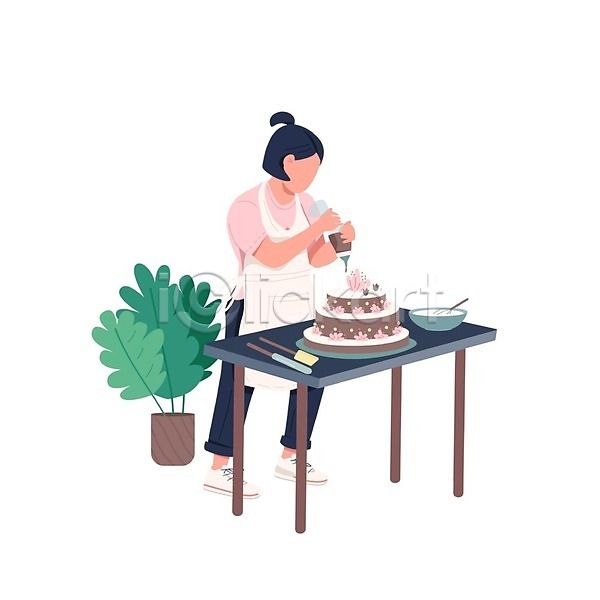 성인 성인여자한명만 여자 한명 EPS 일러스트 해외이미지 들기 서기 싱글라이프 앞치마 전신 제빵 짜기 짤주머니 책상 취미 케이크 케이크만들기 홈베이킹 화분