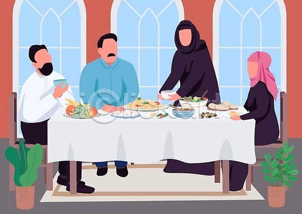 남자 성인 성인만 여러명 여자 EPS 일러스트 해외이미지 가족라이프 들기 부부 식사 식탁 아랍 앉기 의자 이슬람교 잔 전신 창문 화분