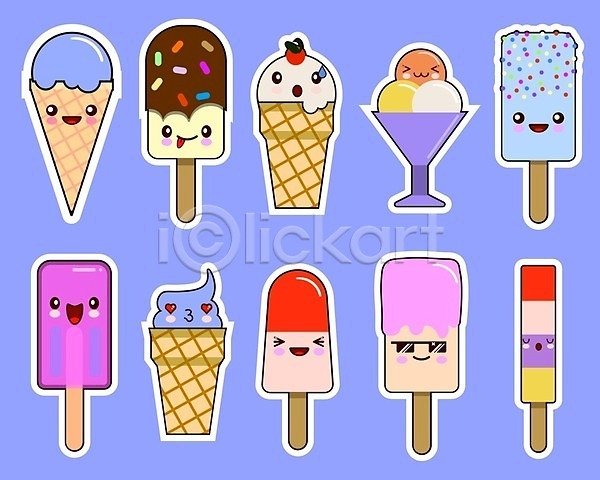 사람없음 EPS 일러스트 해외이미지 디저트캐릭터 막대아이스크림 스티커 아이스크림 아이스크림캐릭터 컵아이스크림 콘아이스크림