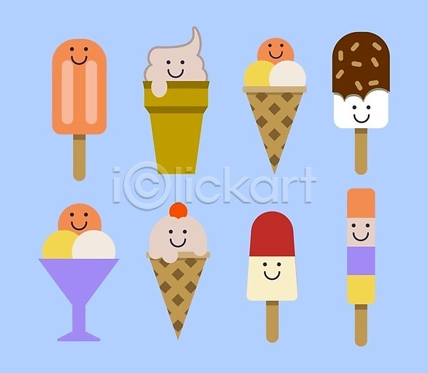 사람없음 EPS 일러스트 해외이미지 디저트캐릭터 막대아이스크림 아이스크림 아이스크림캐릭터 컵아이스크림 콘아이스크림 하늘색