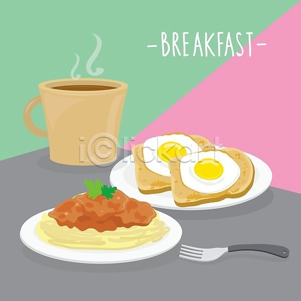 사람없음 EPS 일러스트 해외이미지 계란프라이 머그컵 아침식사 접시 커피 토마토소스 토스트 파슬리 포크
