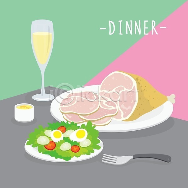 사람없음 EPS 일러스트 해외이미지 계란 방울토마토 샐러드 샴페인 샴페인잔 소스(음식) 슬라이스 오이 육류 저녁식사 접시 포크