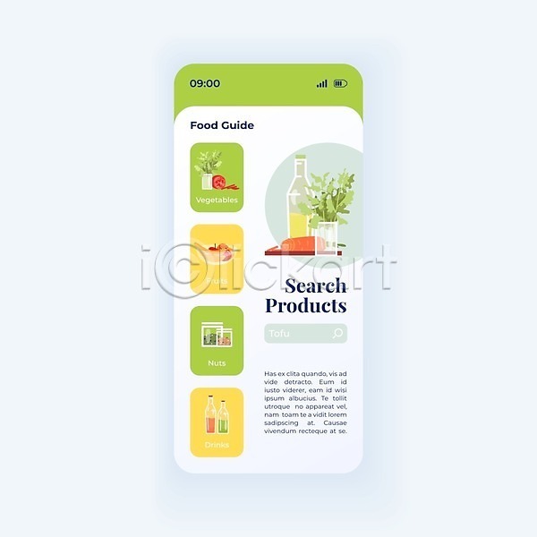 사람없음 EPS 일러스트 해외이미지 UI 검색창 과일 모바일 스마트폰 어플리케이션 온라인쇼핑 유기농 음료 채소