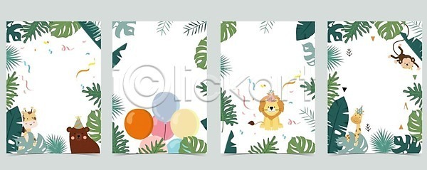 사람없음 EPS 일러스트 해외이미지 곰 기린 백그라운드 사자 세트 여러마리 여우 열대잎 원숭이 초록색 풍선