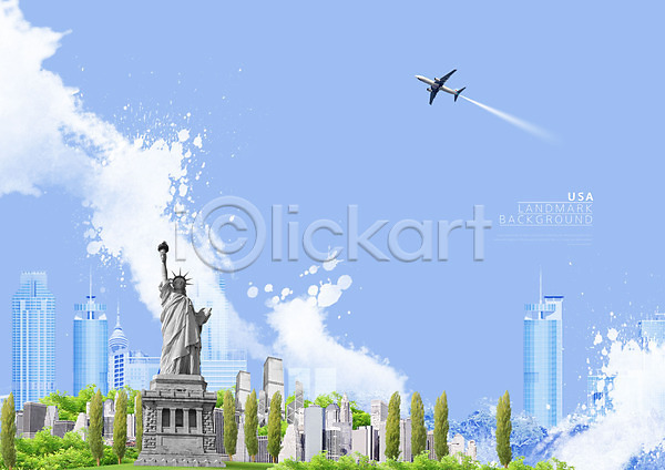 사람없음 PSD 편집이미지 건물 고층빌딩 관광지 도시 랜드마크 미국 비행기 자유의여신상 하늘 하늘색