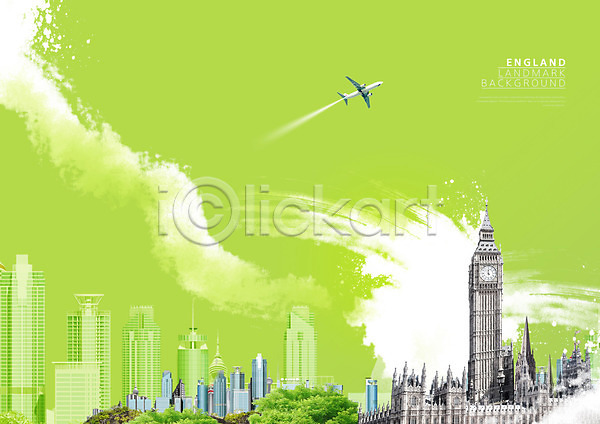 사람없음 PSD 편집이미지 건물 관광지 도시 랜드마크 비행기 빅벤 연두색 영국 하늘