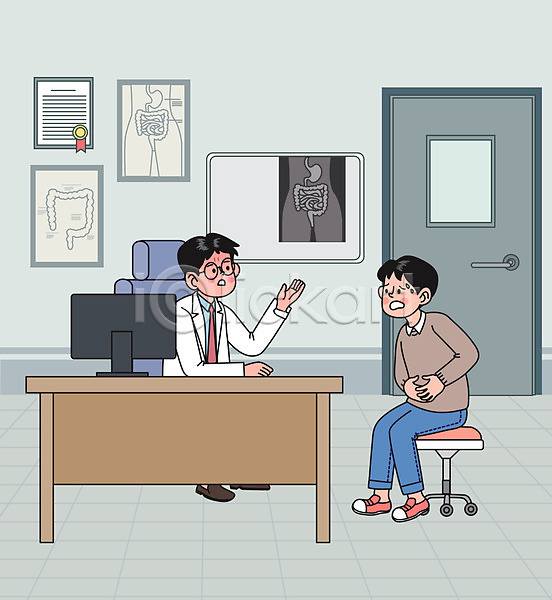남자 두명 성인 성인남자만 AI(파일형식) 일러스트 감싸기 대장질환 모니터 복통 앉기 의사 의자 전신 진료 진료실 책상 항문외과