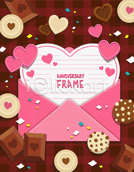 사람없음 AI(파일형식) 일러스트 갈색 발렌타인데이 초코칩쿠키 초콜릿 쿠키 편지 프레임 하트