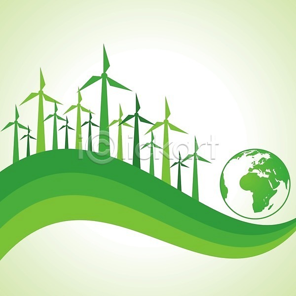 사람없음 EPS 일러스트 해외이미지 그린에너지 농장 바람 발전기 밭 산업 세대 에너지 에코 자원 재활용 전기 지구 지구본 초록색 친환경 풍차 프로펠러 하늘 해외202004 해외202105 환경