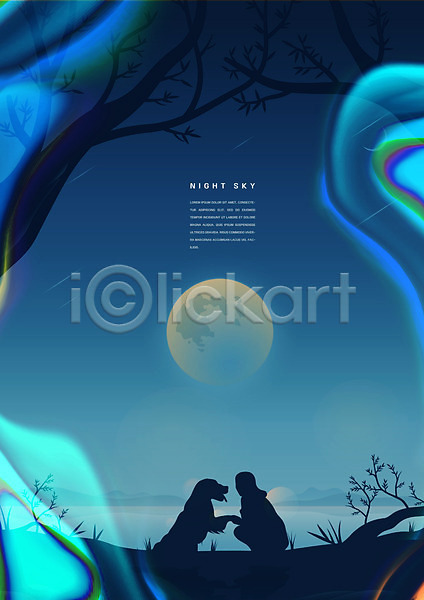 여자 한명 PSD 실루엣 편집이미지 강아지 나무 반려 밤하늘 백그라운드 손잡기 야간 파란색 홀로그램