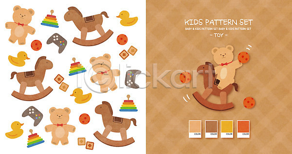사람없음 PSD 일러스트 갈색 게임기 곰인형 공 목마 아기자기 오리인형 장난감 체크무늬 패턴
