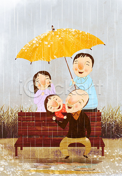 노인복지 행복 남자 노년 성인 소녀(어린이) 어린이 여러명 여자 PSD 일러스트 가족 눈물 들기 벤치 비(날씨) 상반신 앉기 우산 전신 할아버지