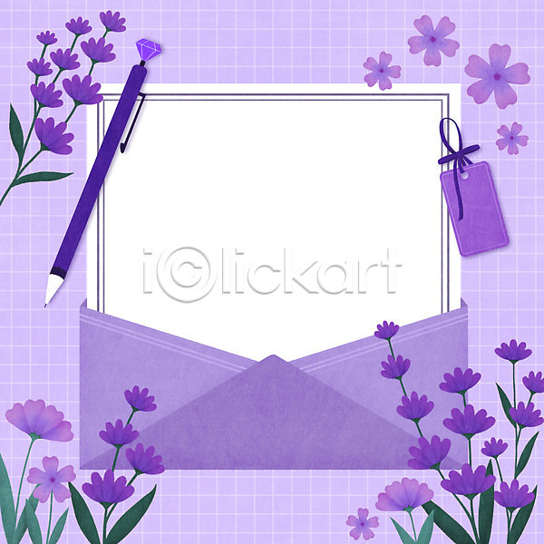 사람없음 PSD 일러스트 꽃 보라색 샤프 제비꽃 책갈피 체크무늬 편지봉투 편지지
