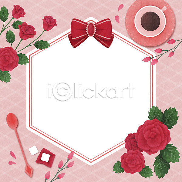 사람없음 PSD 일러스트 각설탕(식품) 꽃 리본 빨간색 장미 장식 체크무늬 커피 커피잔 티스푼