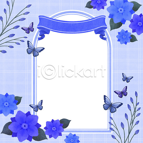사람없음 PSD 일러스트 꽃 꽃봉오리 꽃잎 나비 장식 체크무늬 파란색 프레임