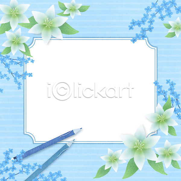 사람없음 PSD 일러스트 꽃 색연필 안개꽃 연꽃(꽃) 잎 장식 체크무늬 틀 프레임 하늘색