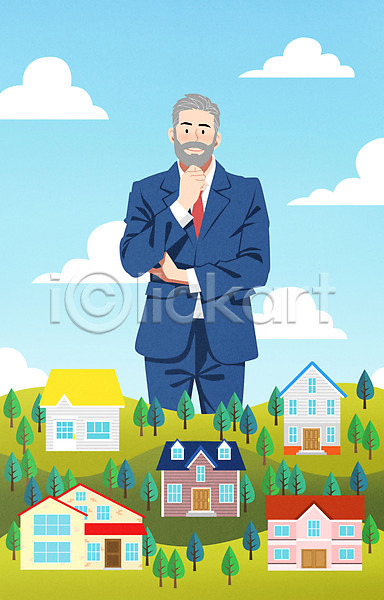 남자 중년 중년남자한명만 한명 PSD 일러스트 구름(자연) 나무 부동산 상반신 소유 수집 수집가 주택 턱괴기 하늘 하늘색