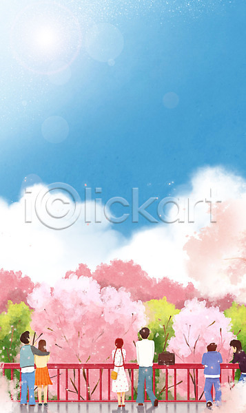 남자 성인 성인만 여러명 여자 PSD 일러스트 구름(자연) 나무 다리(건축물) 데이트 맑음 벚꽃 봄 봄풍경 서기 소풍 전신 커플 하늘