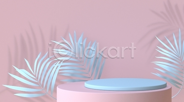 사람없음 3D JPG 해외이미지 그림자 단상 미니멀 백그라운드 분홍색 오브젝트 원형 입체도형 잎 하늘색
