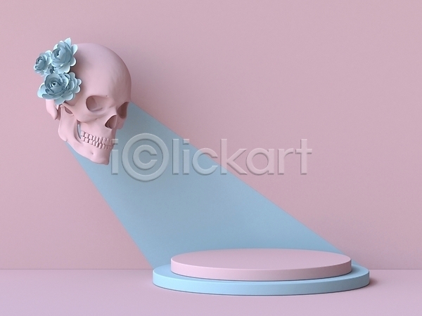 사람없음 3D JPG 해외이미지 꽃 단상 미니멀 백그라운드 분홍색 오브젝트 원형 입체도형 하늘색 해골모형