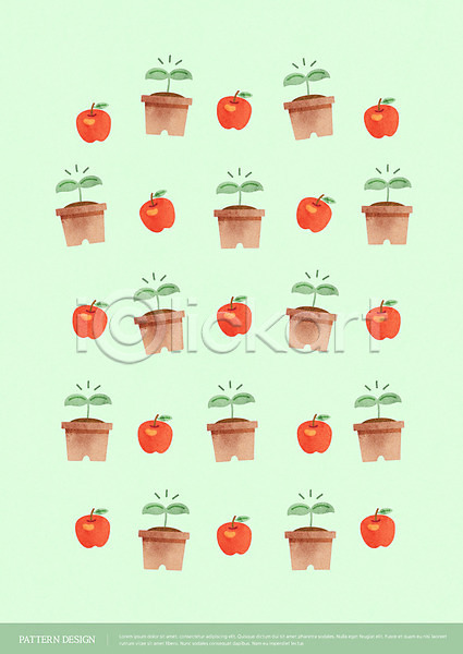 사람없음 AI(파일형식) 일러스트 사과 새싹 수채화(물감) 아기자기 연두색 패턴 패턴백그라운드 화분