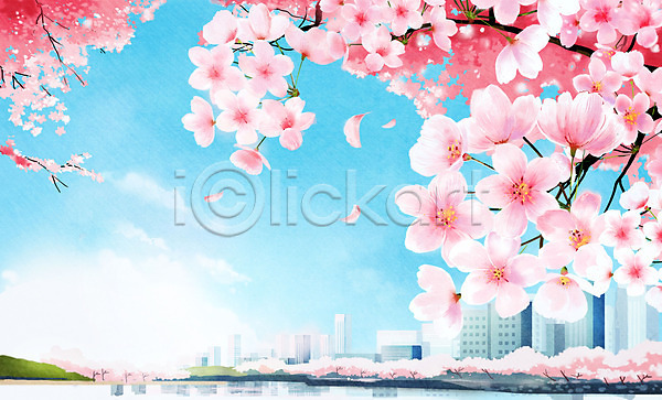 사람없음 PSD 일러스트 구름(자연) 도시 벚꽃 벚나무 봄 봄풍경 분홍색 하늘 호수